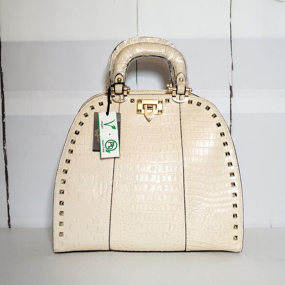 Isabelle Ivory Patent Vegan Leather Faux Croc Studded Dome Satchel - Picture 1 of 9